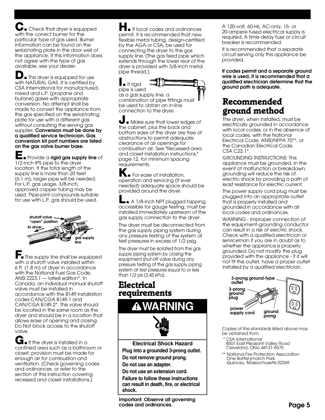 Whirlpool 8527809 installation instructions Electrical requirements, Recommended ground method 