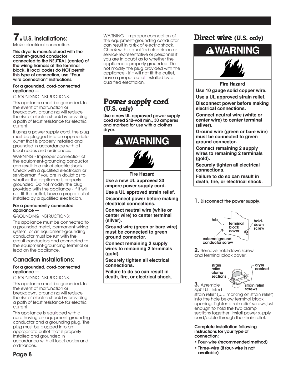 Whirlpool 8527809 installation instructions Power supply cord, Direct wire U.S. only, Grounding Instructions 