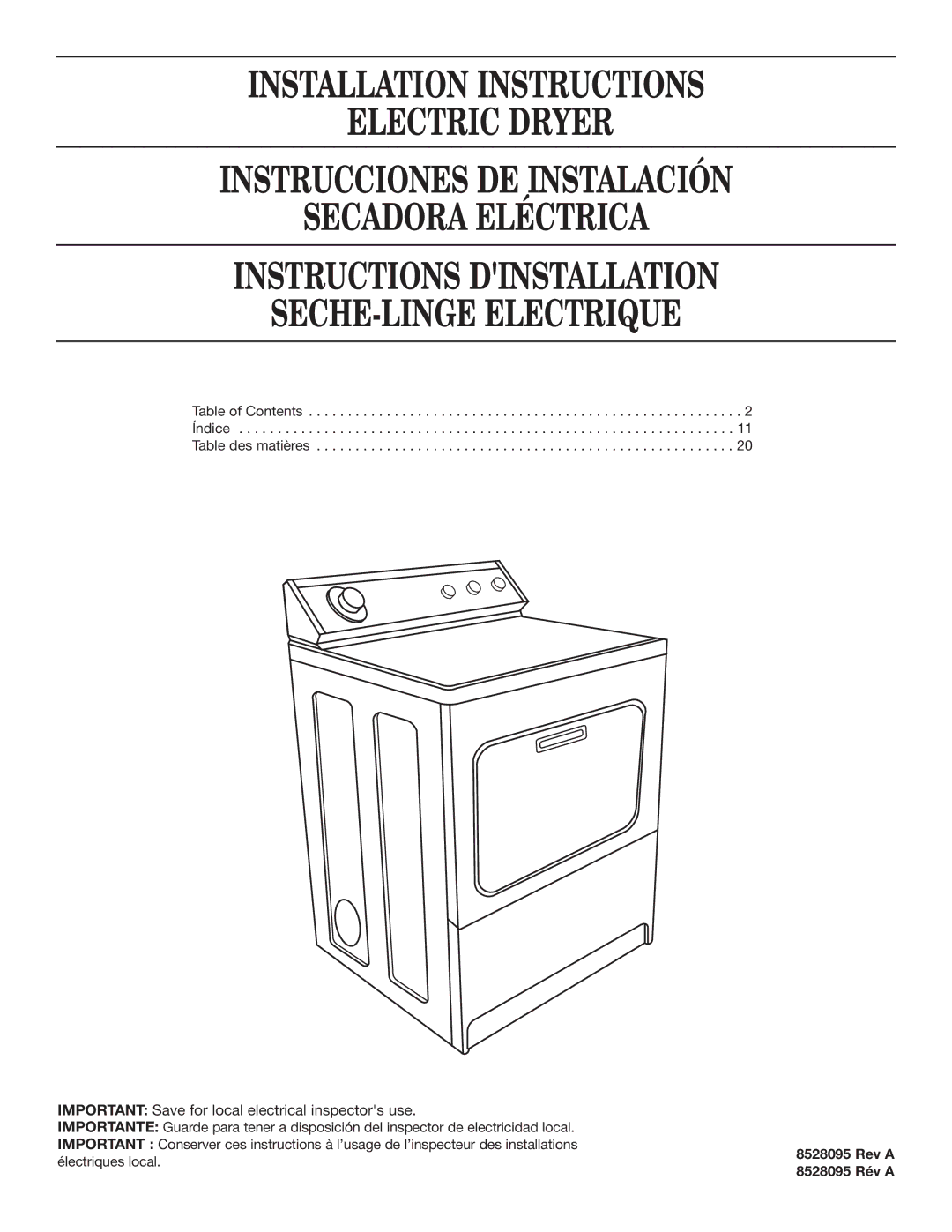 Whirlpool 8528095 REV A installation instructions Table of Contents Índice Table des matières, Rev a 8528095 Rév a 