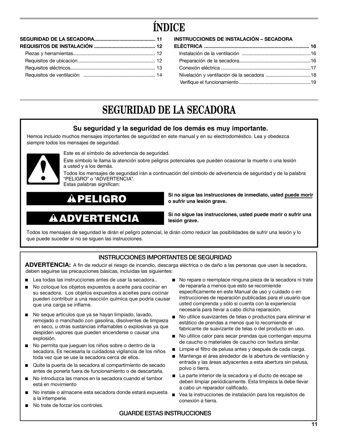 Whirlpool 8528095 REV A installation instructions Índice, Seguridad DE LA Secadora 