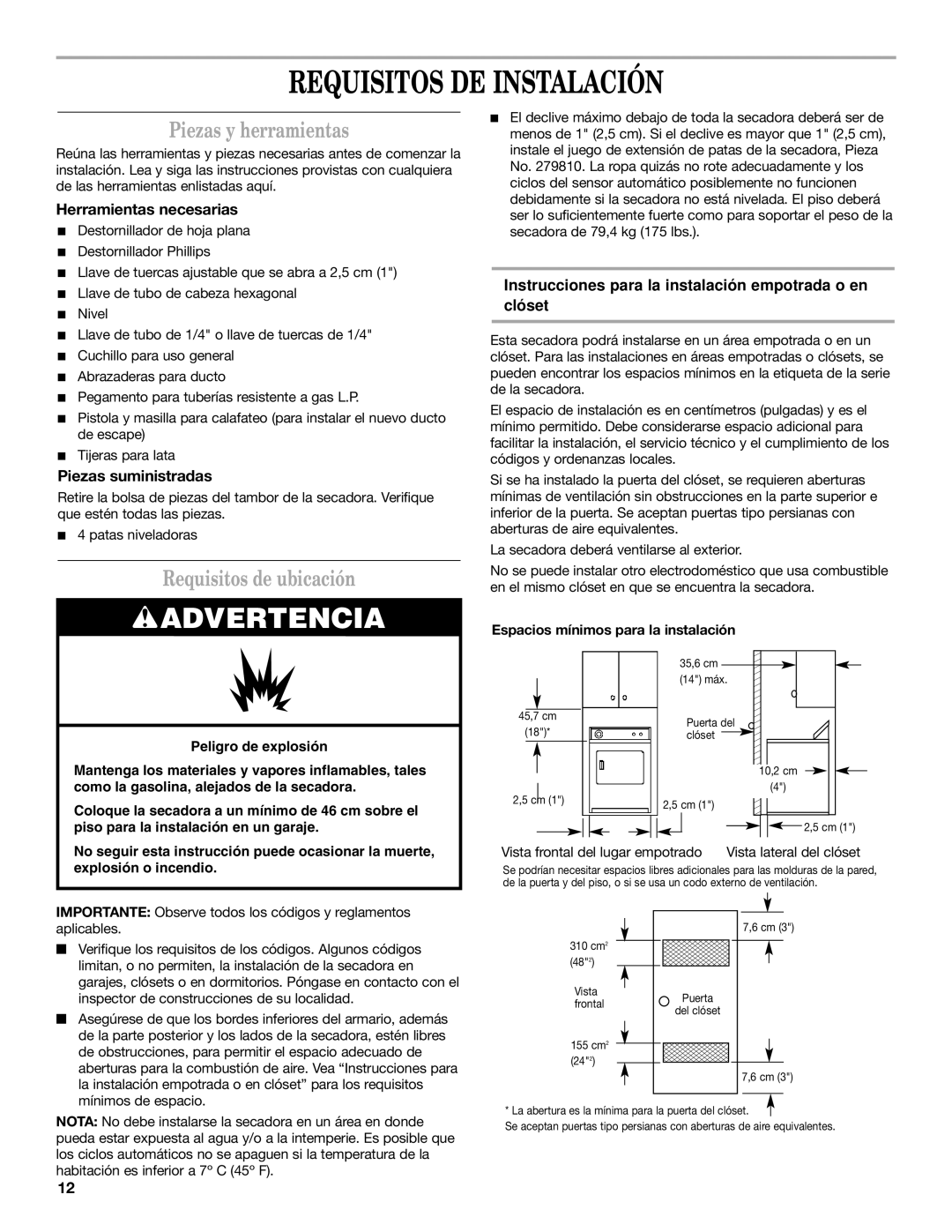 Whirlpool 8528095 REV A installation instructions Requisitos DE Instalación, Piezas y herramientas, Requisitos de ubicación 