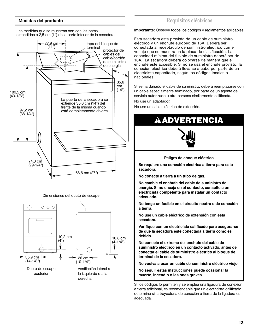 Whirlpool 8528095 REV A installation instructions Requisitos eléctricos, Medidas del producto 