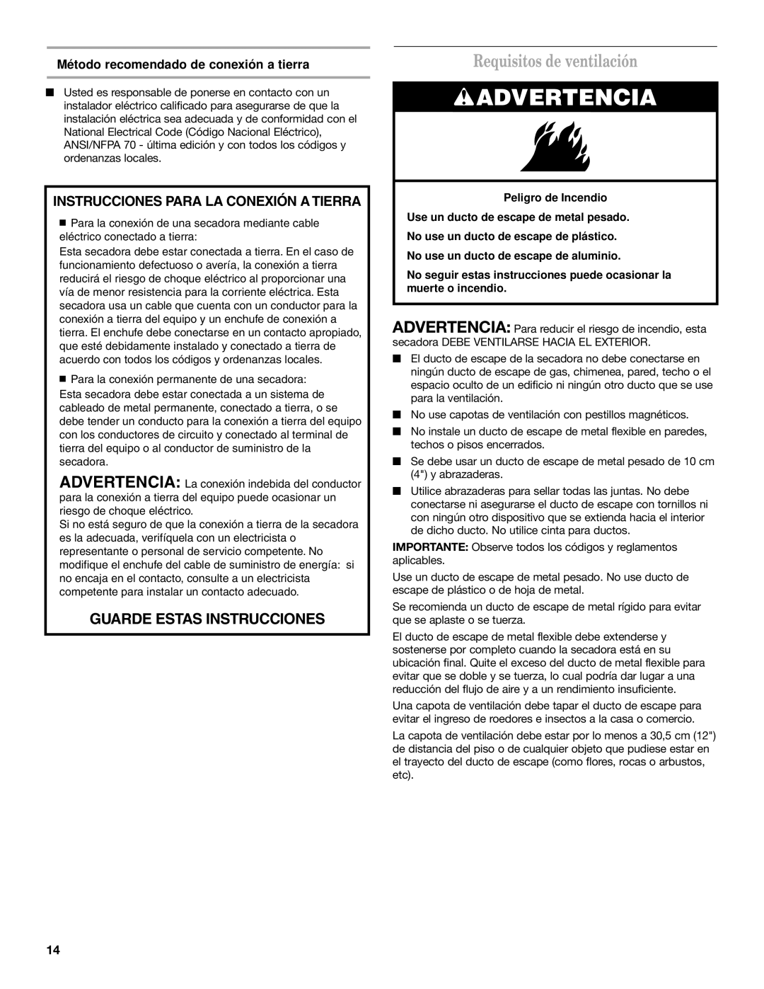 Whirlpool 8528095 REV A installation instructions Requisitos de ventilación, Método recomendado de conexión a tierra 