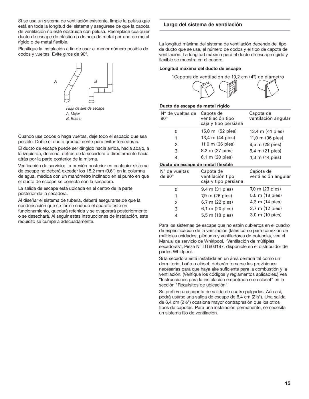 Whirlpool 8528095 REV A installation instructions Largo del sistema de ventilación, Longitud máxima del ducto de escape 