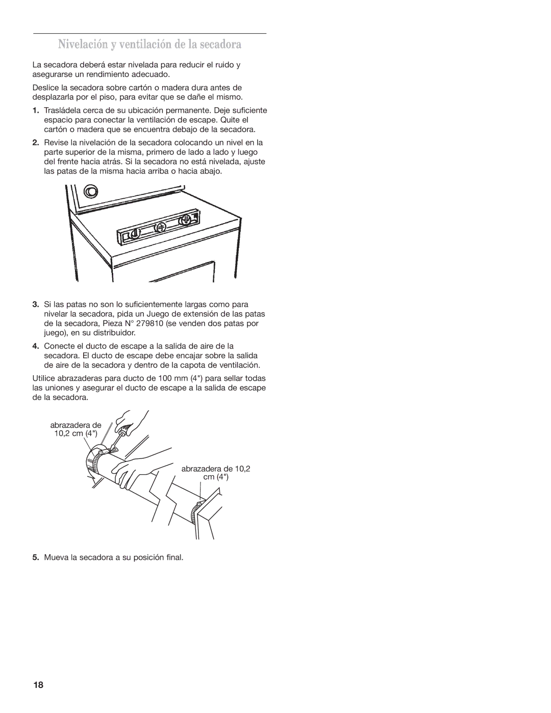 Whirlpool 8528095 REV A installation instructions Nivelación y ventilación de la secadora 