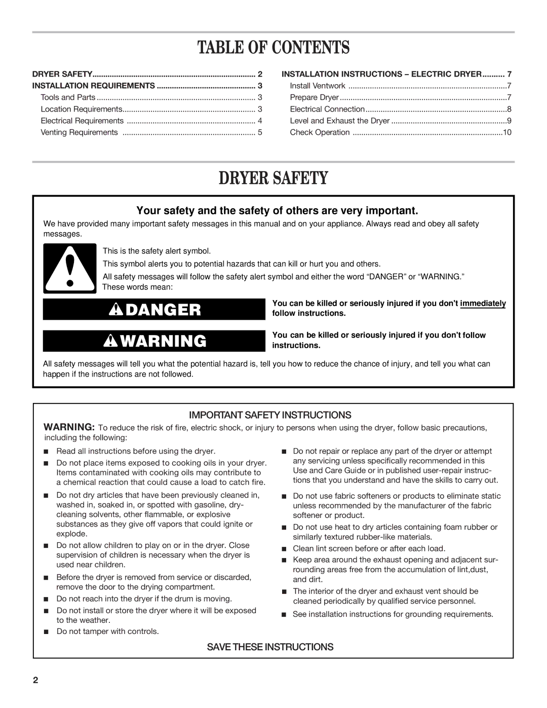 Whirlpool 8528095 REV A installation instructions Table of Contents, Dryer Safety 