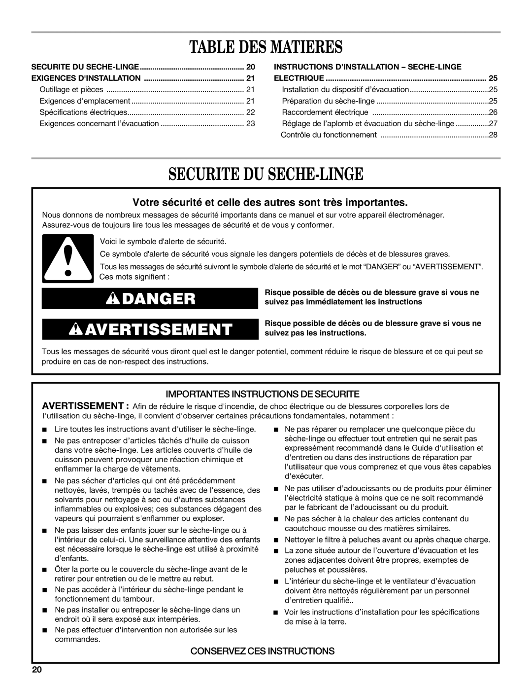 Whirlpool 8528095 REV A installation instructions Table DES Matieres, Securite DU SECHE-LINGE 