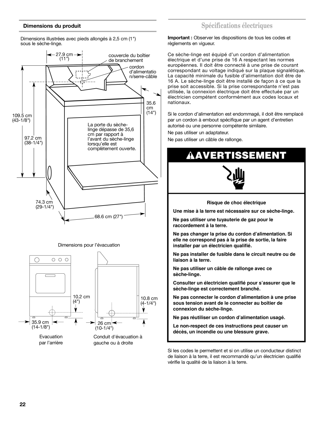 Whirlpool 8528095 REV A installation instructions Spécifications électriques, Dimensions du produit, De branchement, 35.6 