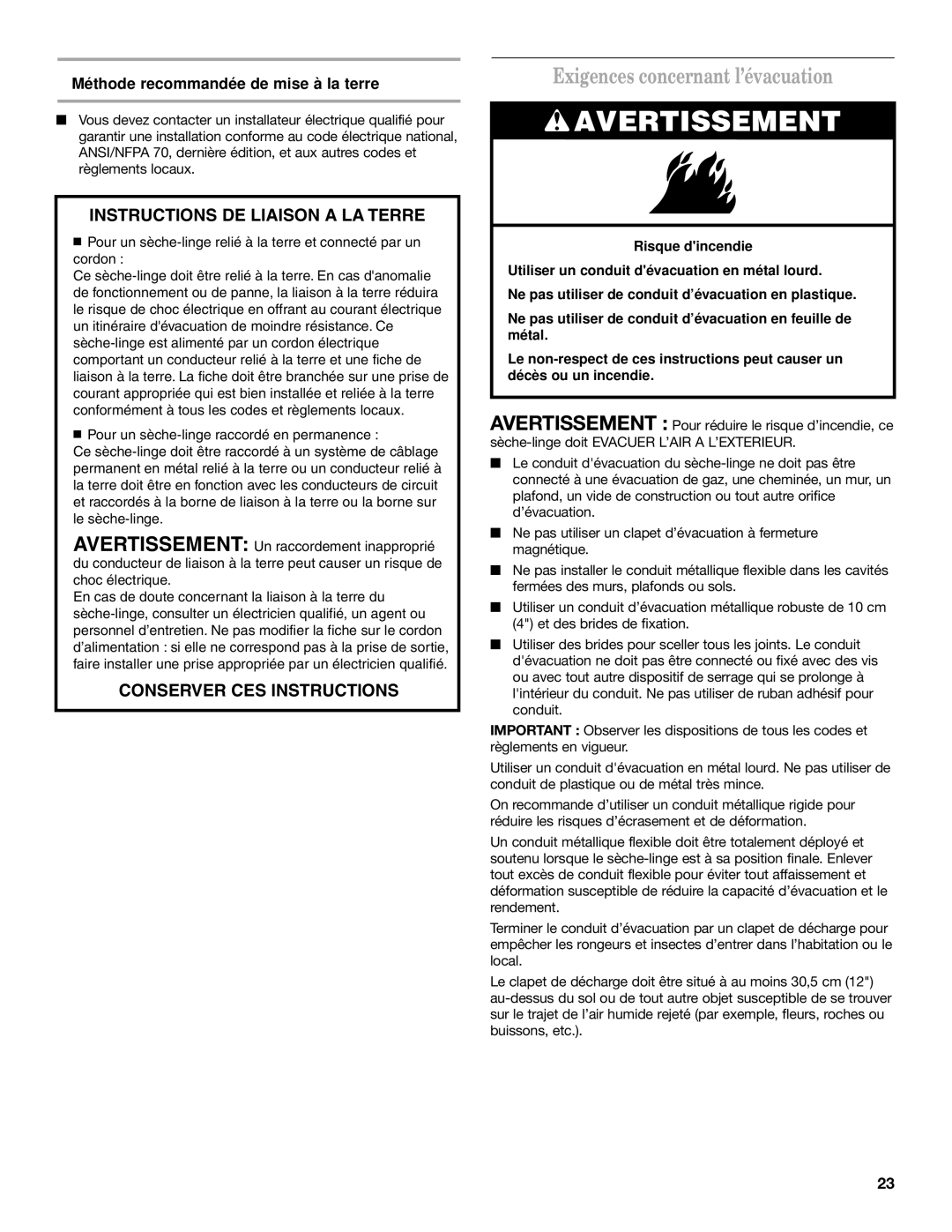 Whirlpool 8528095 REV A installation instructions Exigences concernant l’évacuation, Instructions DE Liaison a LA Terre 