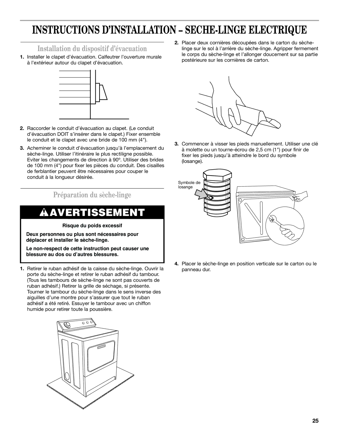 Whirlpool 8528095 REV A installation instructions Installation du dispositif d’évacuation, Préparation du sèche-linge 