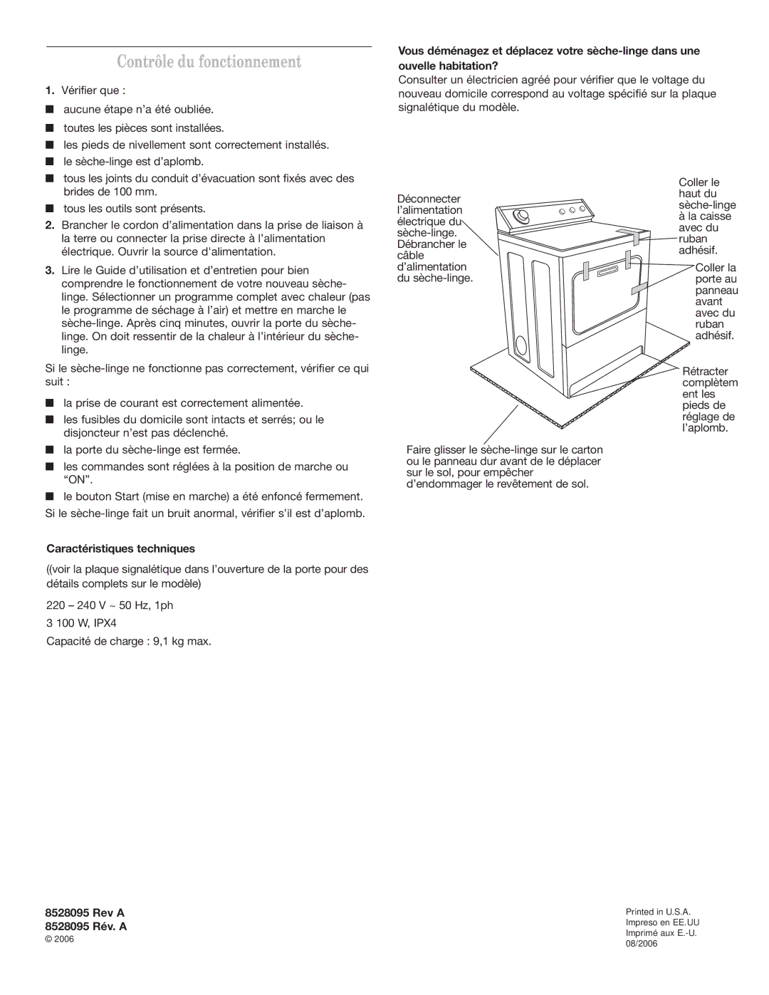 Whirlpool 8528095 REV A Contrôle du fonctionnement, Caractéristiques techniques, Rev a 8528095 Rév. a 