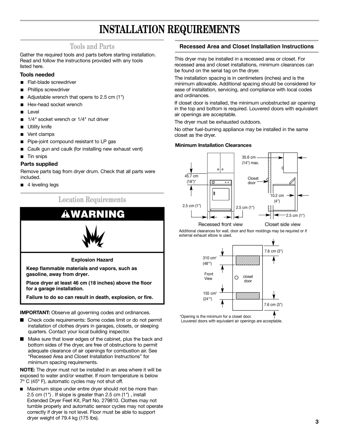 Whirlpool 8528095 REV A installation instructions Installation Requirements, Tools and Parts, Location Requirements 