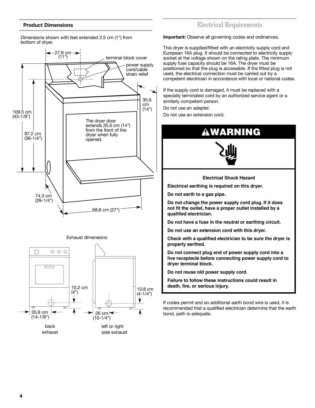 Whirlpool 8528095 REV A Electrical Requirements, Product Dimensions, 26 cm 10-1/4 Left or right side exhaust 