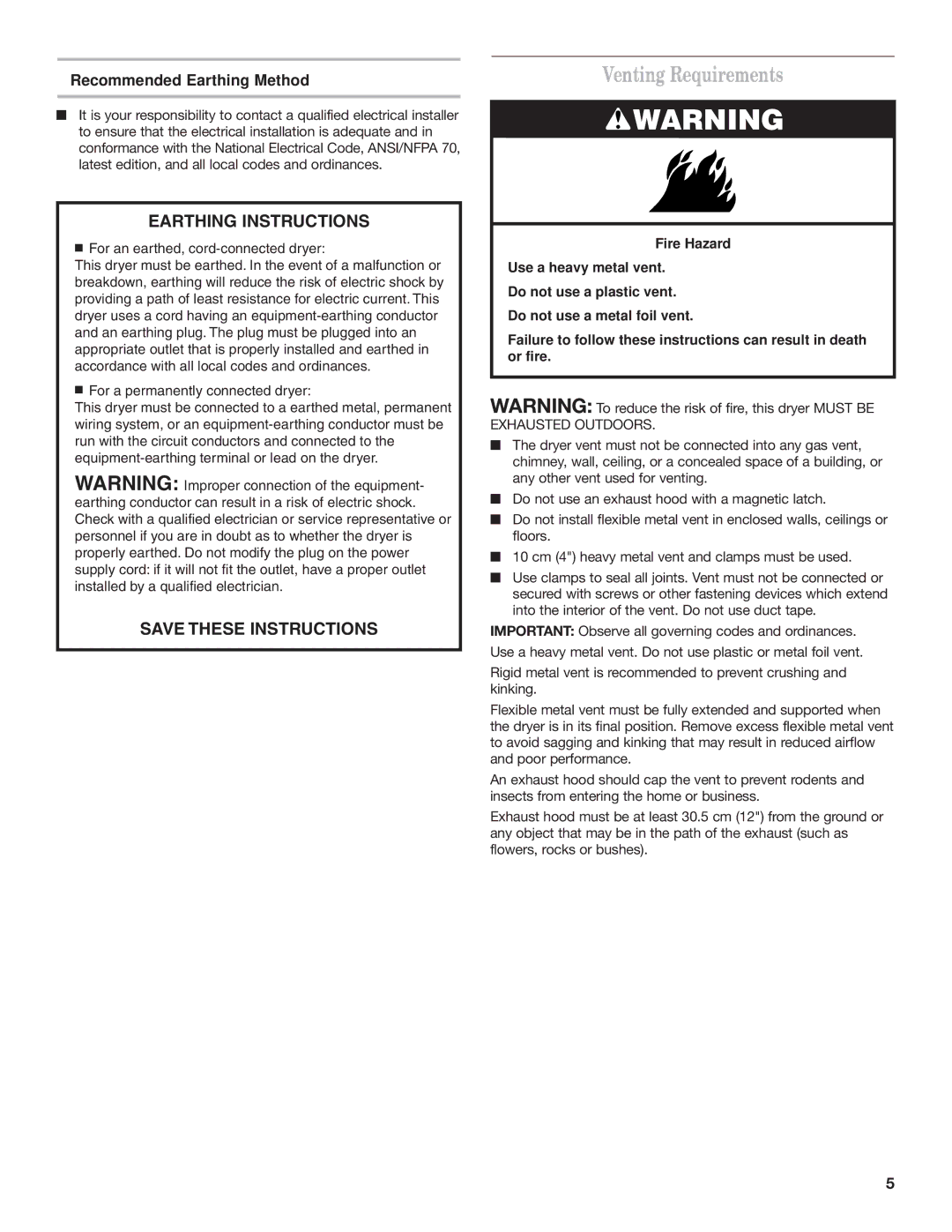 Whirlpool 8528095 REV A installation instructions Venting Requirements, Recommended Earthing Method 