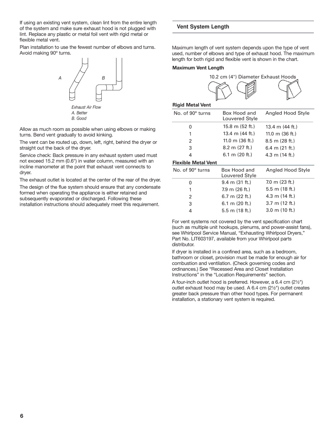 Whirlpool 8528095 REV A Vent System Length, Maximum Vent Length, 10.2 cm 4 Diameter Exhaust Hoods, Rigid Metal Vent 