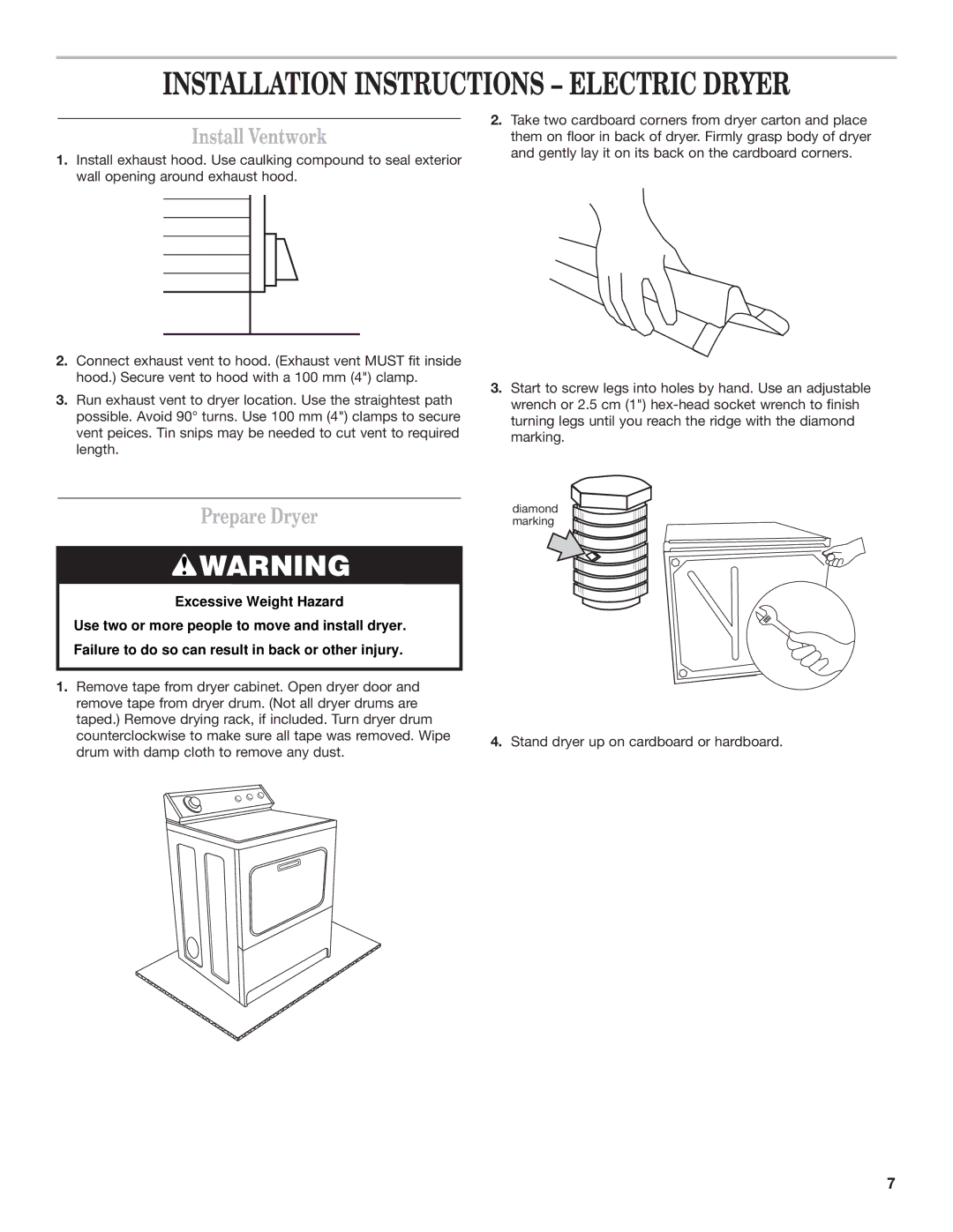 Whirlpool 8528095 REV A installation instructions Install Ventwork, Prepare Dryer, Stand dryer up on cardboard or hardboard 