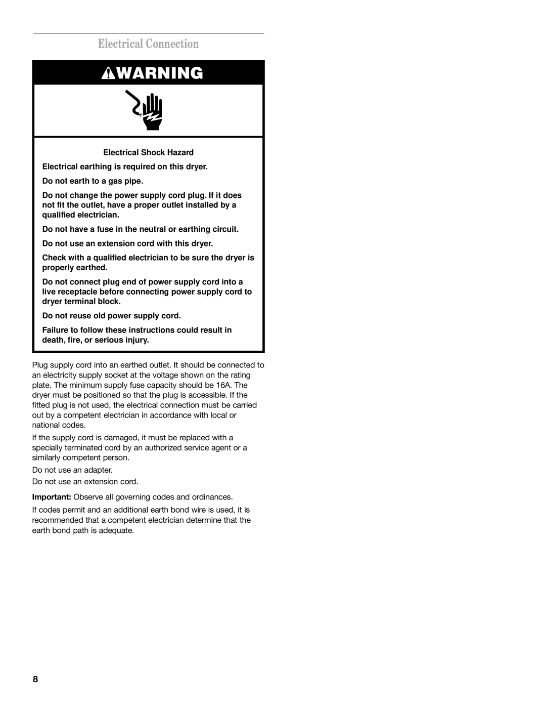 Whirlpool 8528095 REV A installation instructions Electrical Connection 