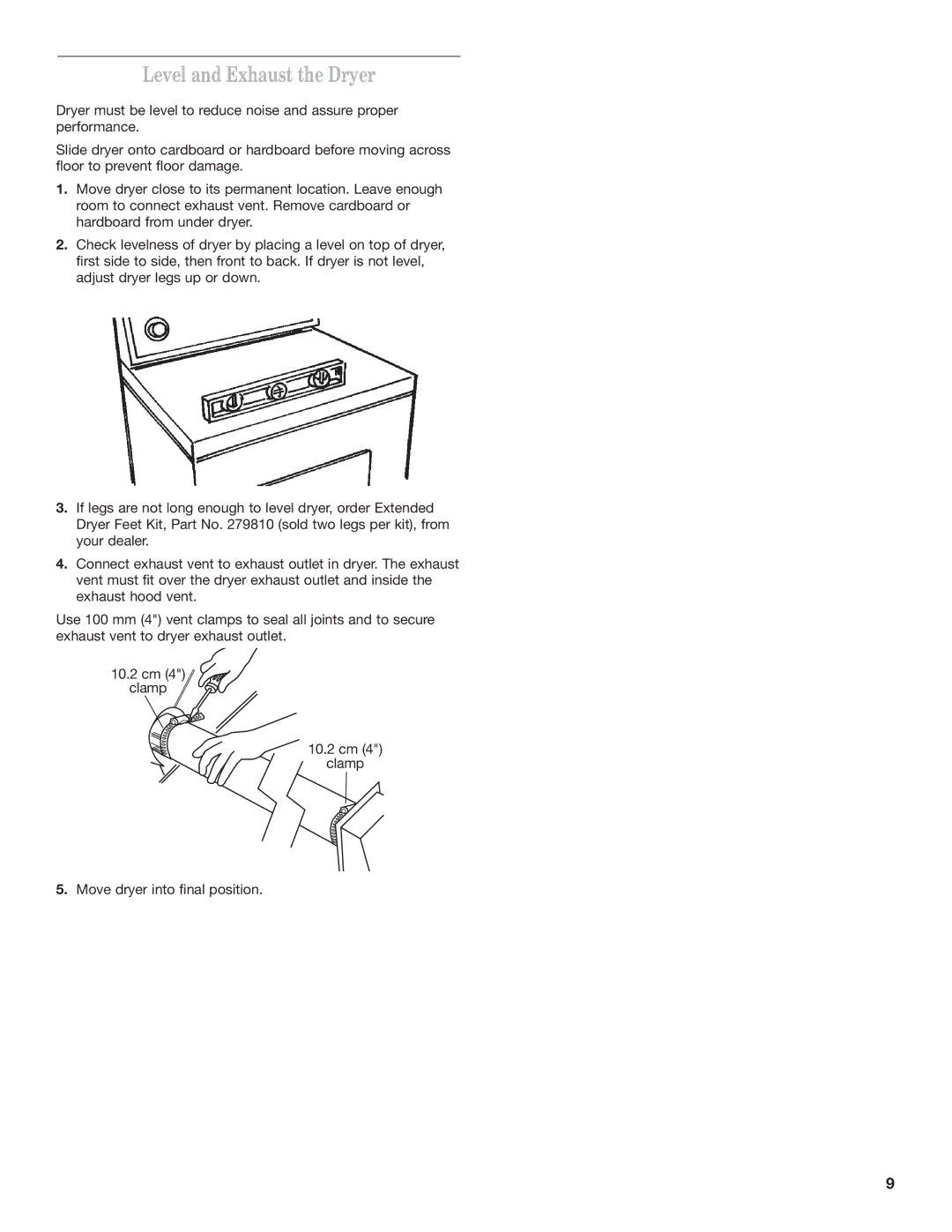 Whirlpool 8528095 REV A installation instructions Level and Exhaust the Dryer 