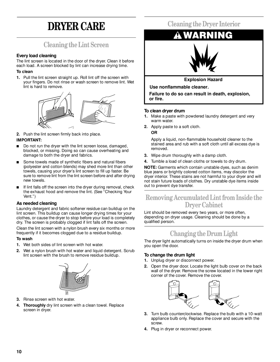 Whirlpool 8528146 Dryer Care, Cleaning the Lint Screen, Cleaningthe Dryer Interior, Dryer Cabinet, Changingthe Drum Light 