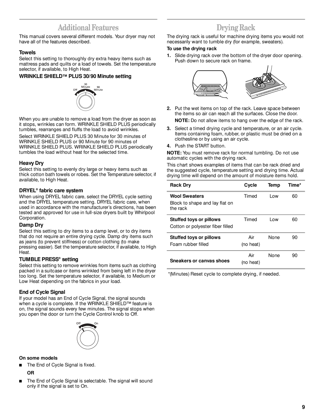 Whirlpool 8528146 manual Additional Features, Drying Rack 