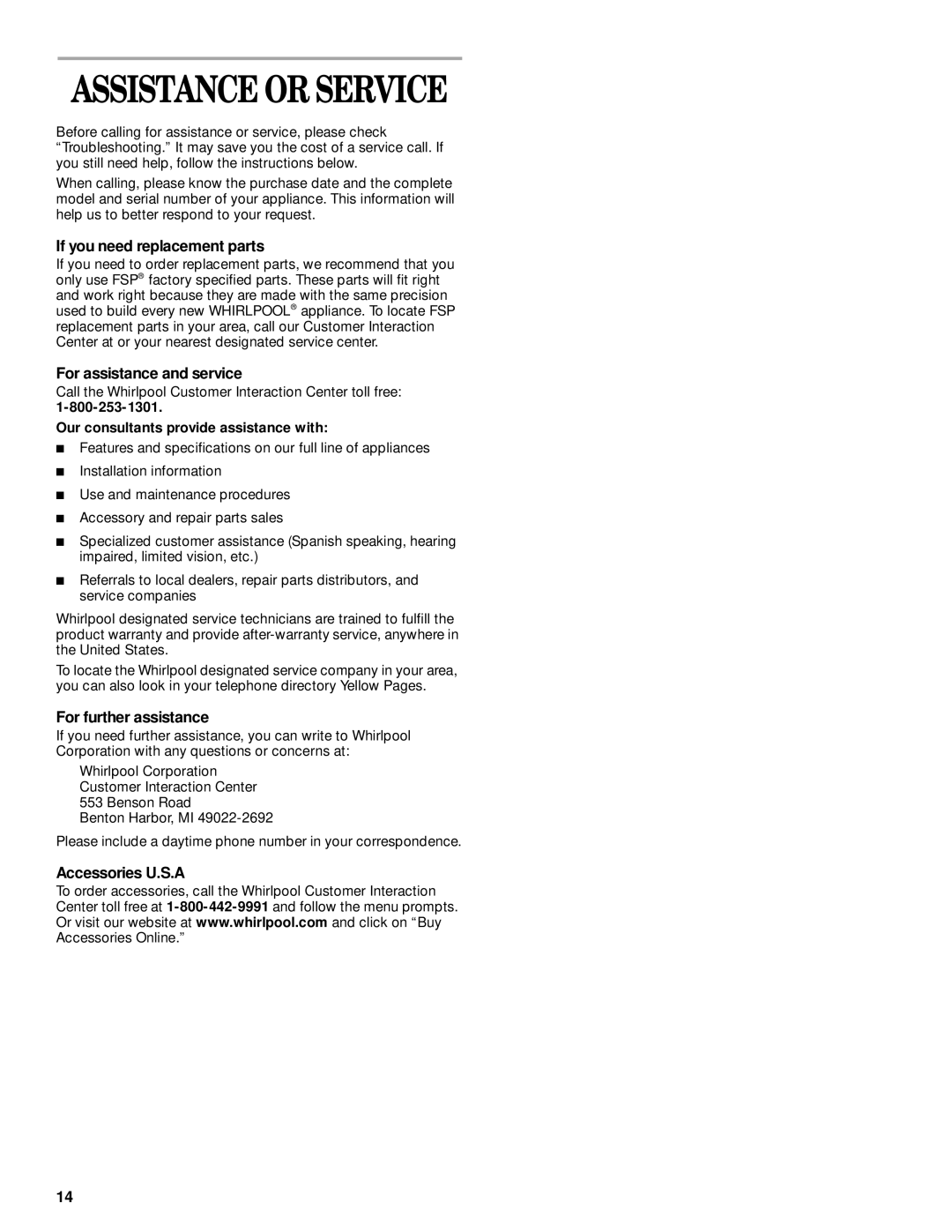 Whirlpool 8528324 Assistance or Service, If you need replacement parts, For assistance and service, For further assistance 