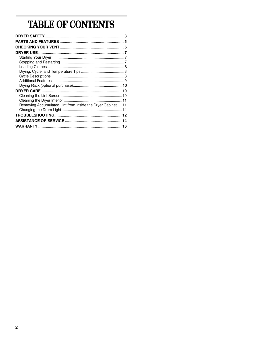 Whirlpool 8528324 manual Table of Contents 