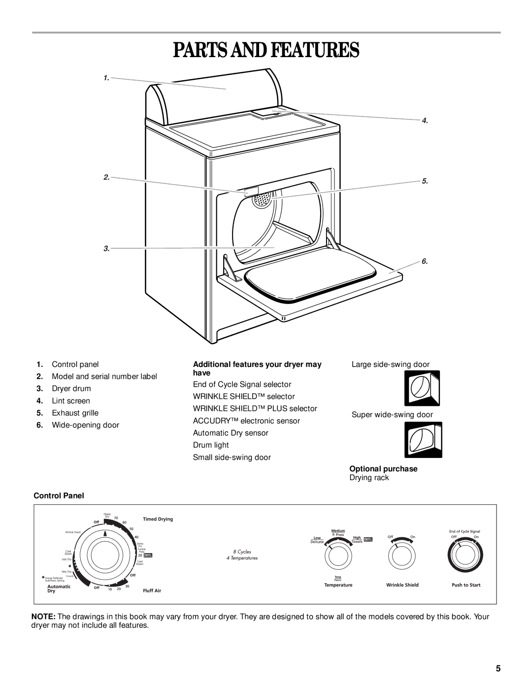 Whirlpool 8528324 Parts and Features, Additional features your dryer may have, Optional purchase Drying rack Control Panel 