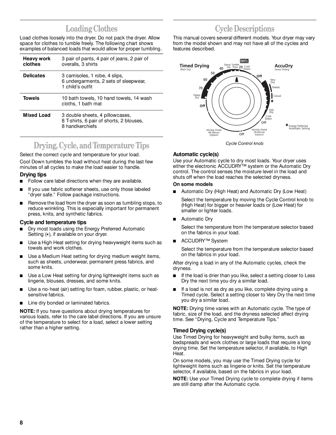 Whirlpool 8528324 manual Loading Clothes, Drying, Cycle,and Temperature Tips, Cycle Descriptions 