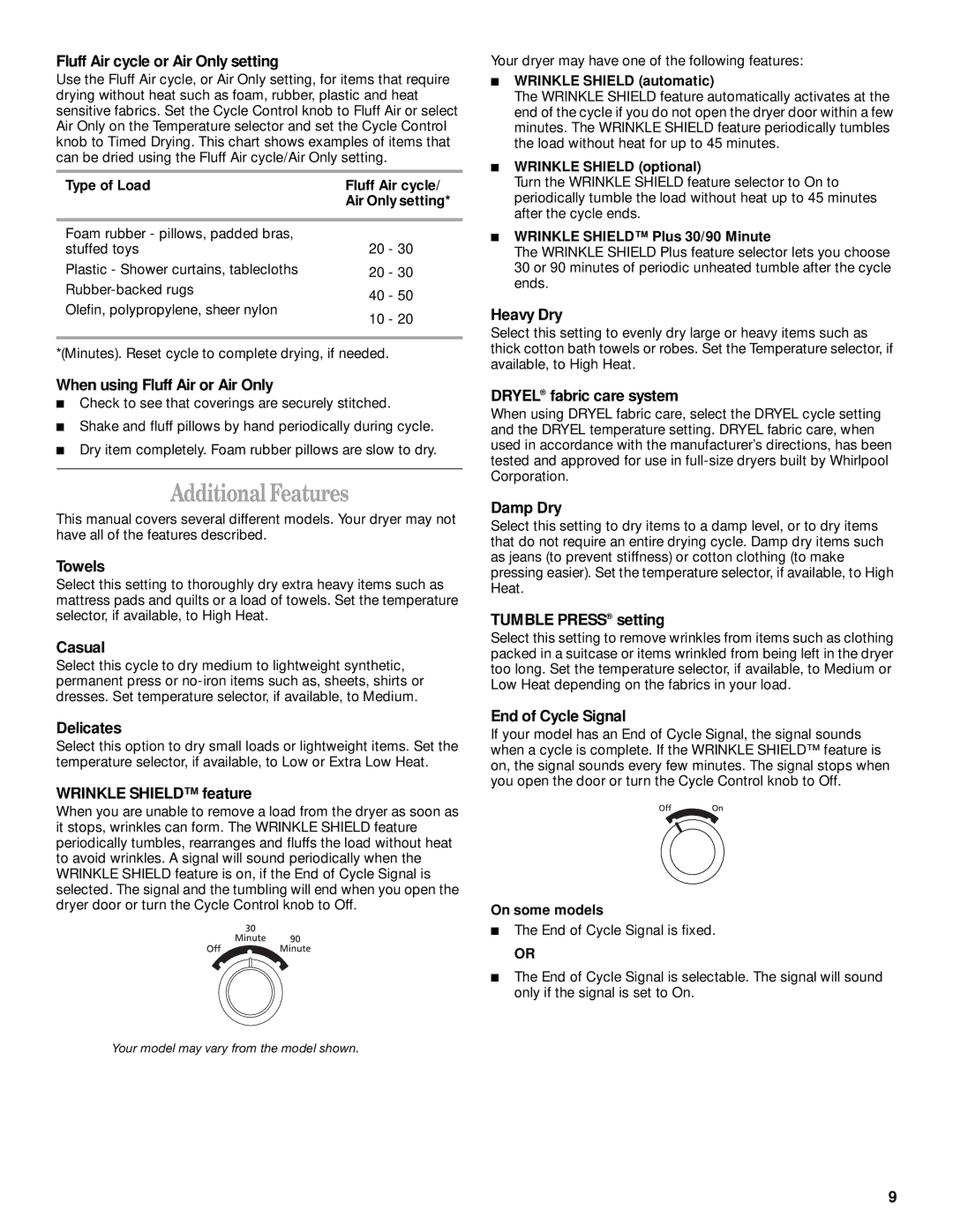 Whirlpool 8528324 manual Additional Features 