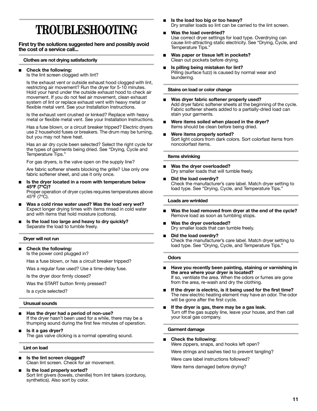 Whirlpool 8529302 manual Troubleshooting 