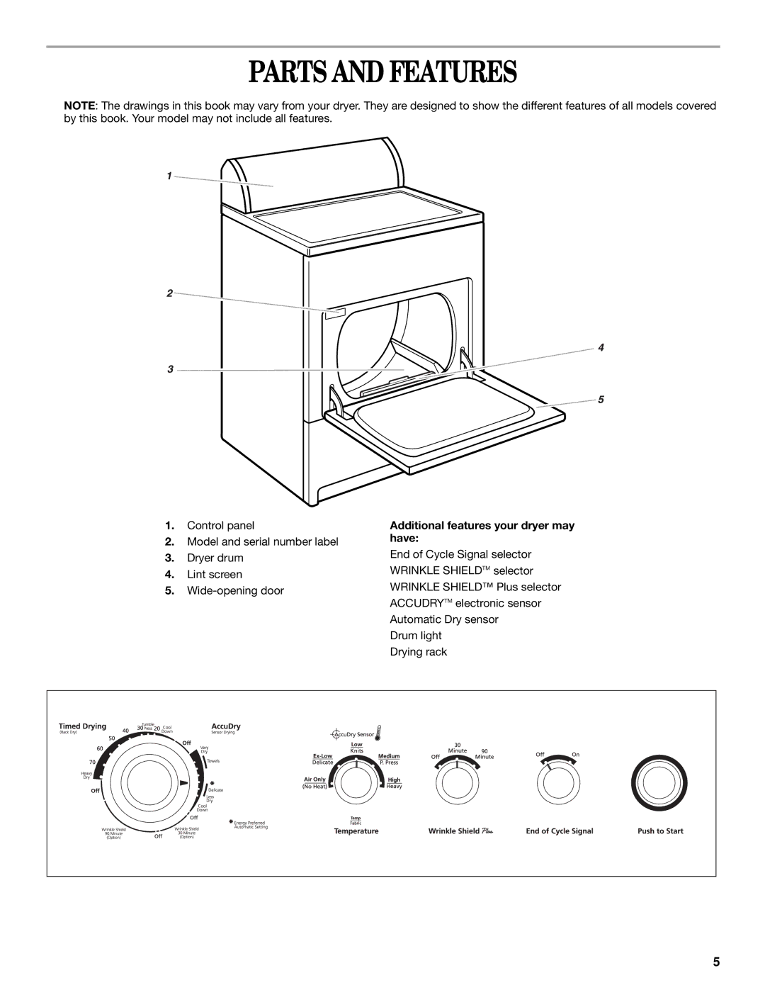 Whirlpool 8529302 manual Parts and Features, Additional features your dryer may have 