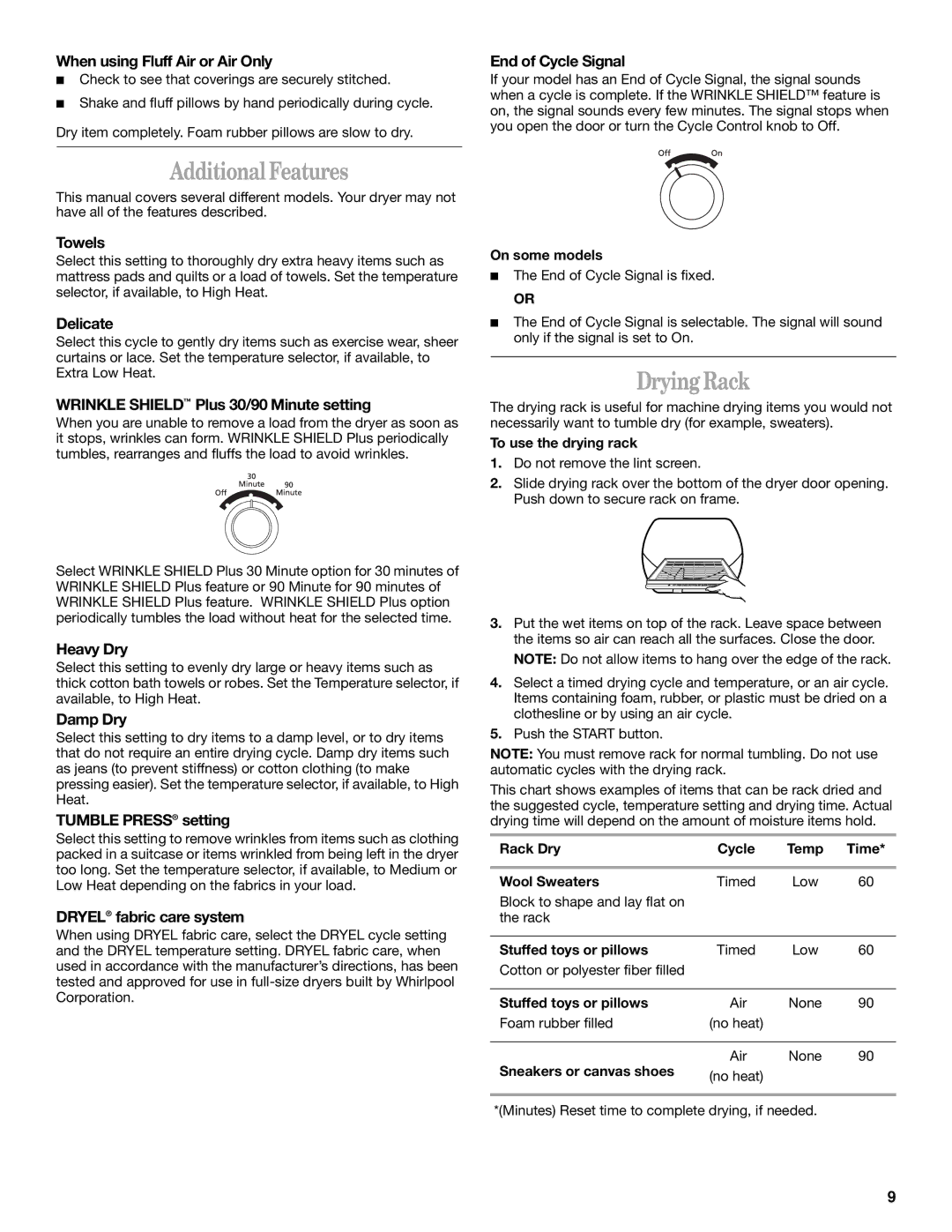 Whirlpool 8529302 manual Additional Features, Drying Rack 