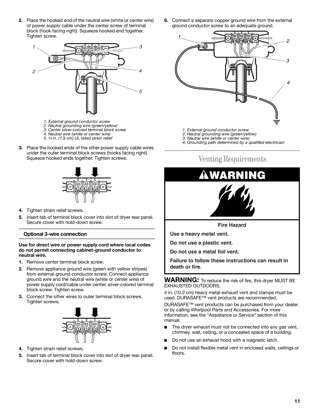 Whirlpool 8533582 manual Venting Requirements, Optional 3-wire connection 