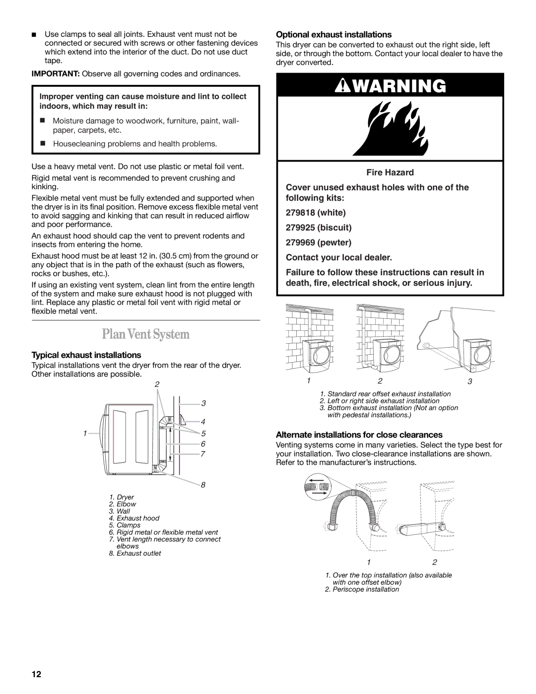 Whirlpool 8533582 manual Plan Vent System, Typical exhaust installations, Optional exhaust installations 