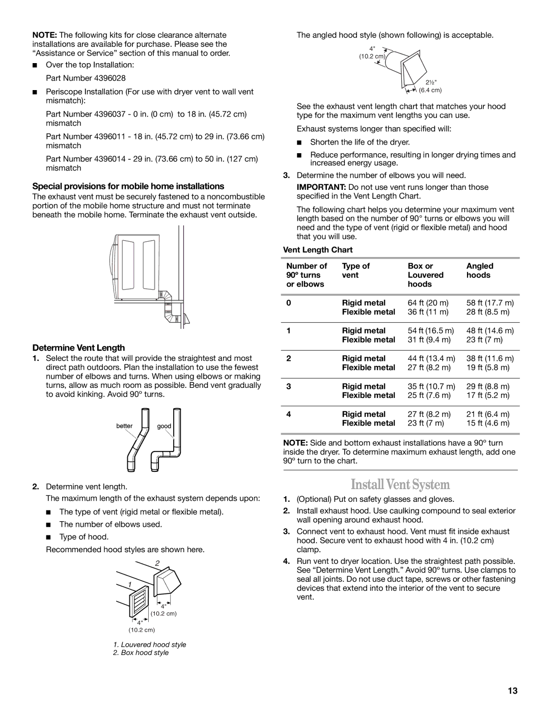 Whirlpool 8533582 manual Install VentSystem, Special provisions for mobile home installations, Determine Vent Length 