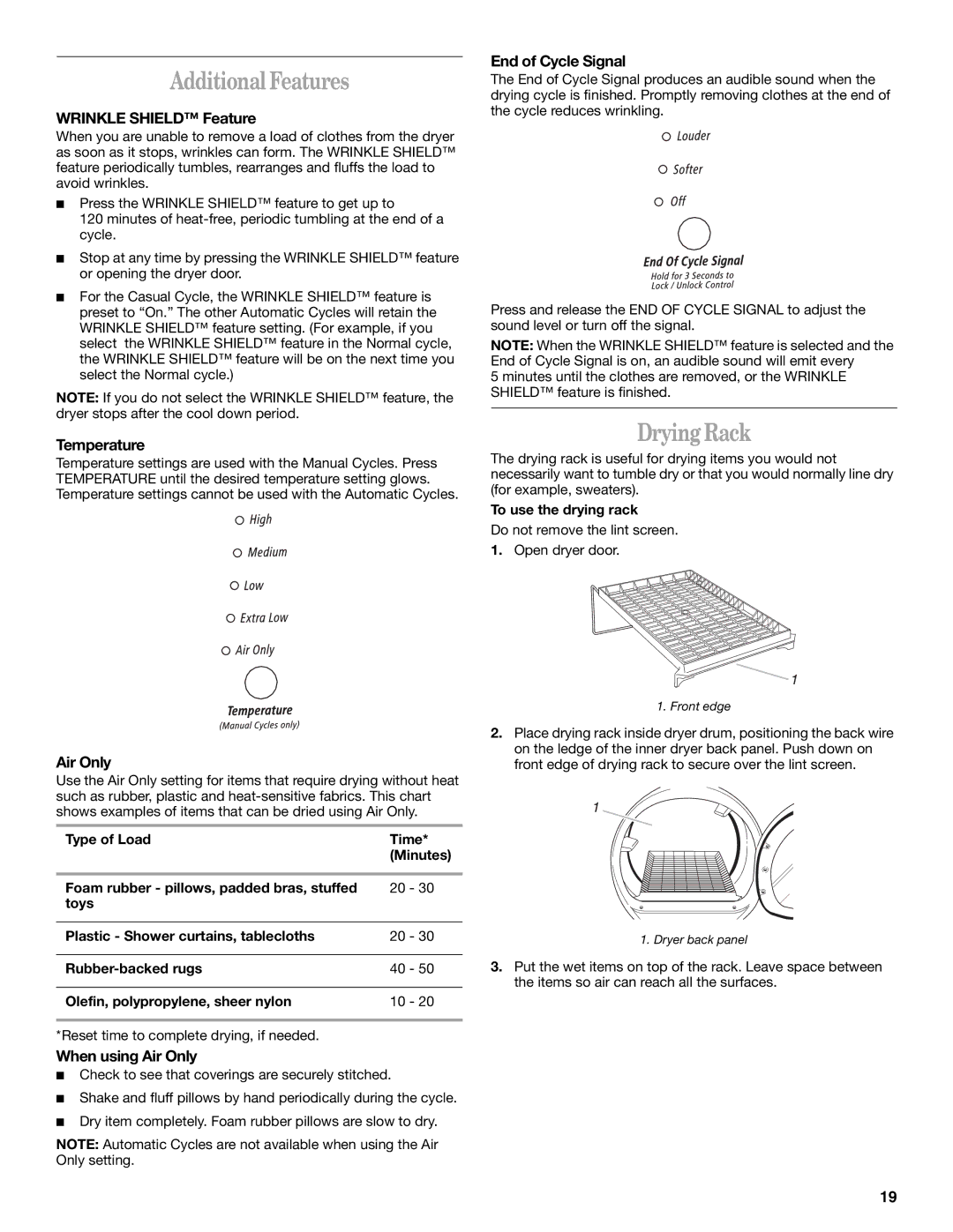 Whirlpool 8533582 manual Additional Features, Drying Rack 