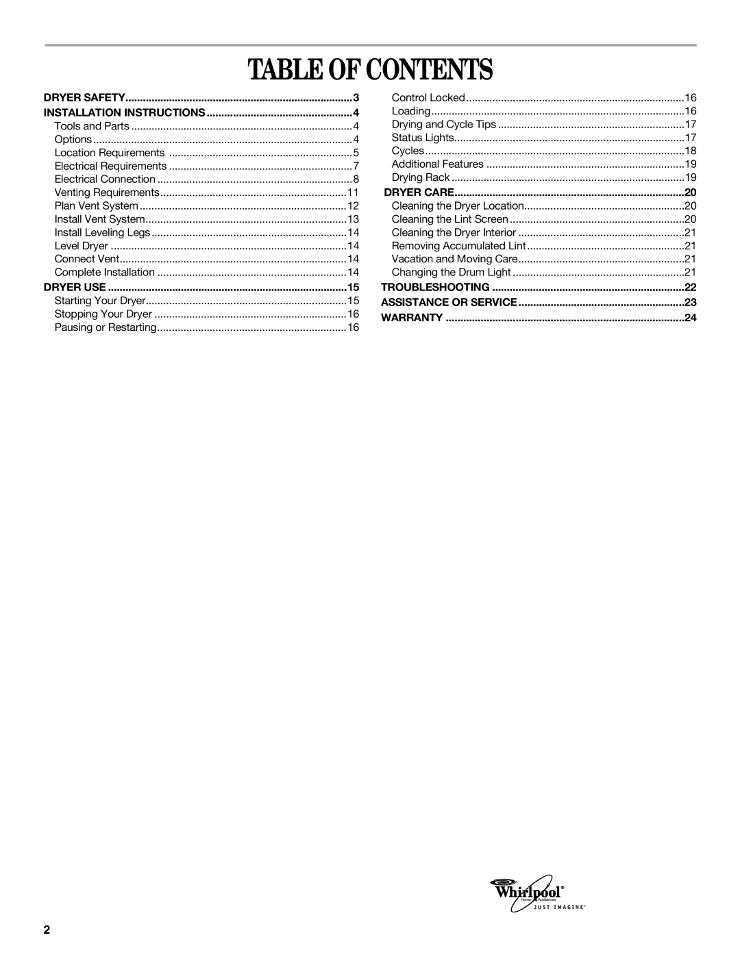 Whirlpool 8533582 manual Table of Contents 