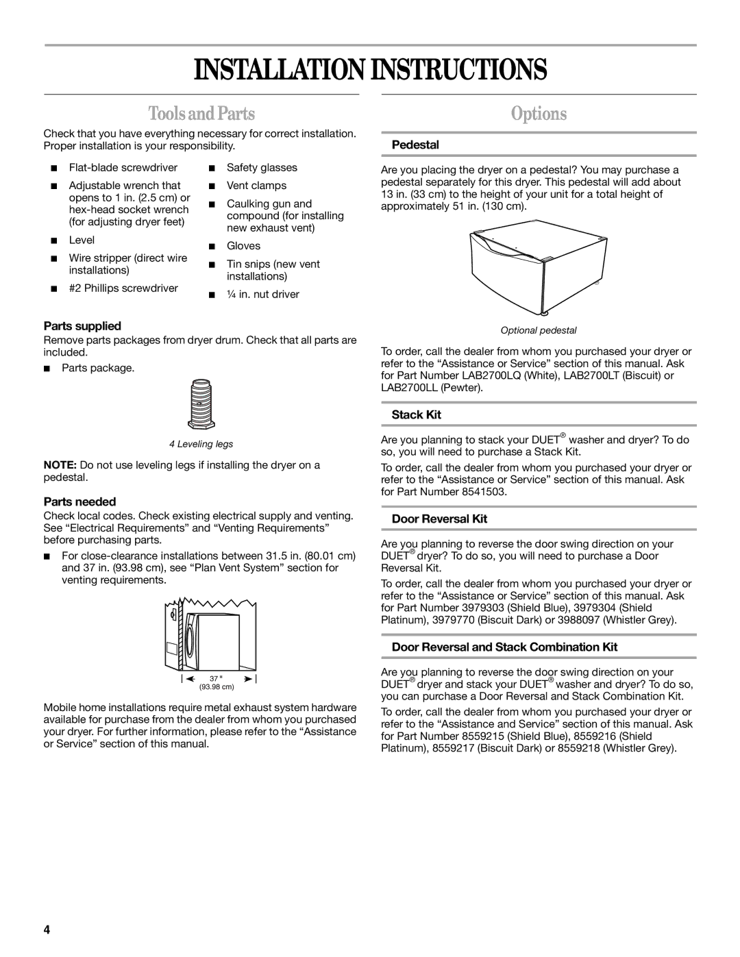 Whirlpool 8533582 manual Installation Instructions, ToolsandParts, Options 