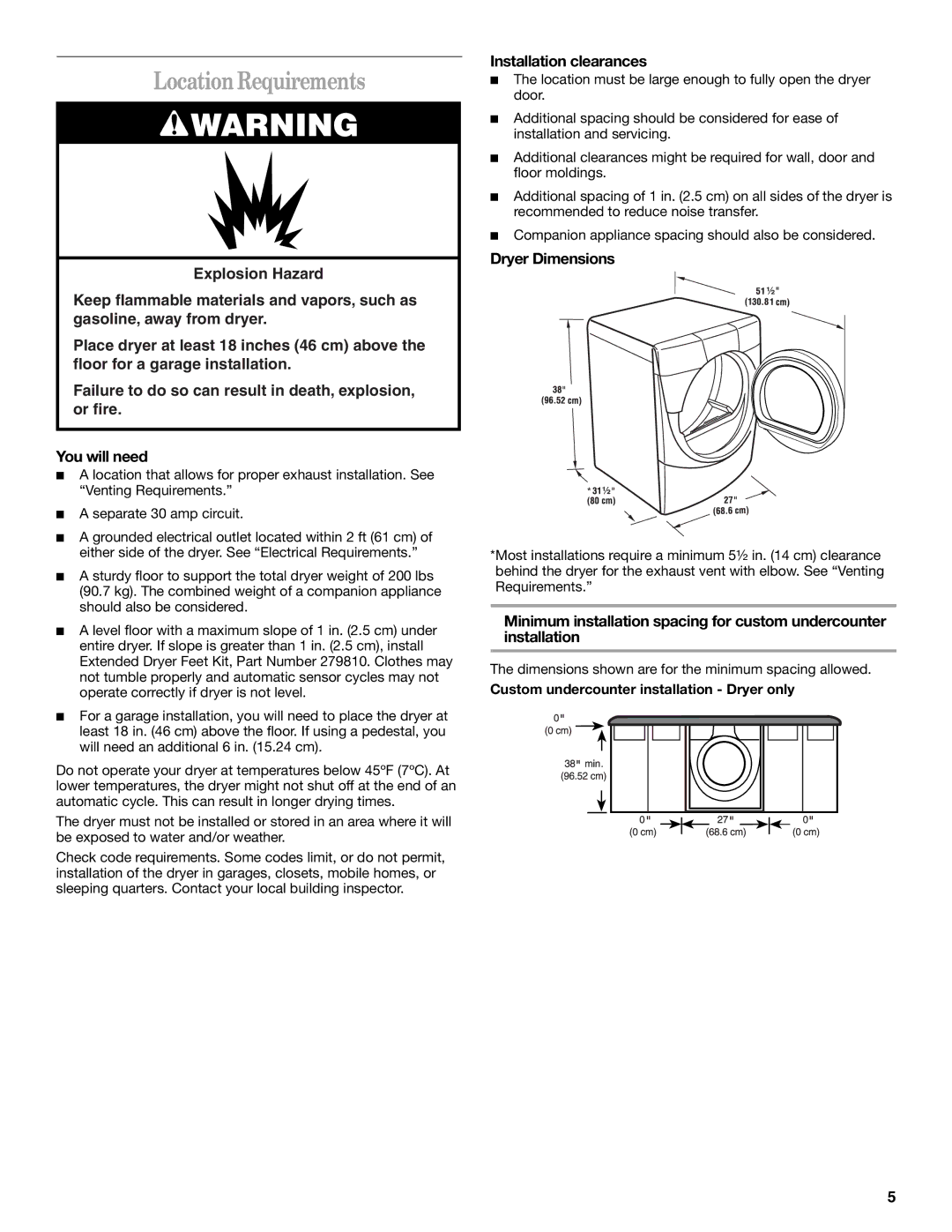 Whirlpool 8533582 manual Location Requirements, Installation clearances, Dryer Dimensions 