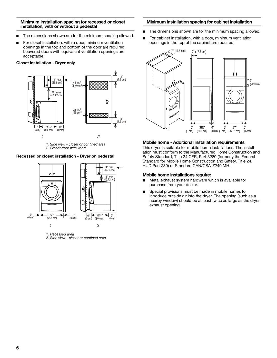 Whirlpool 8533582 Minimum installation spacing for cabinet installation, Mobile home Additional installation requirements 