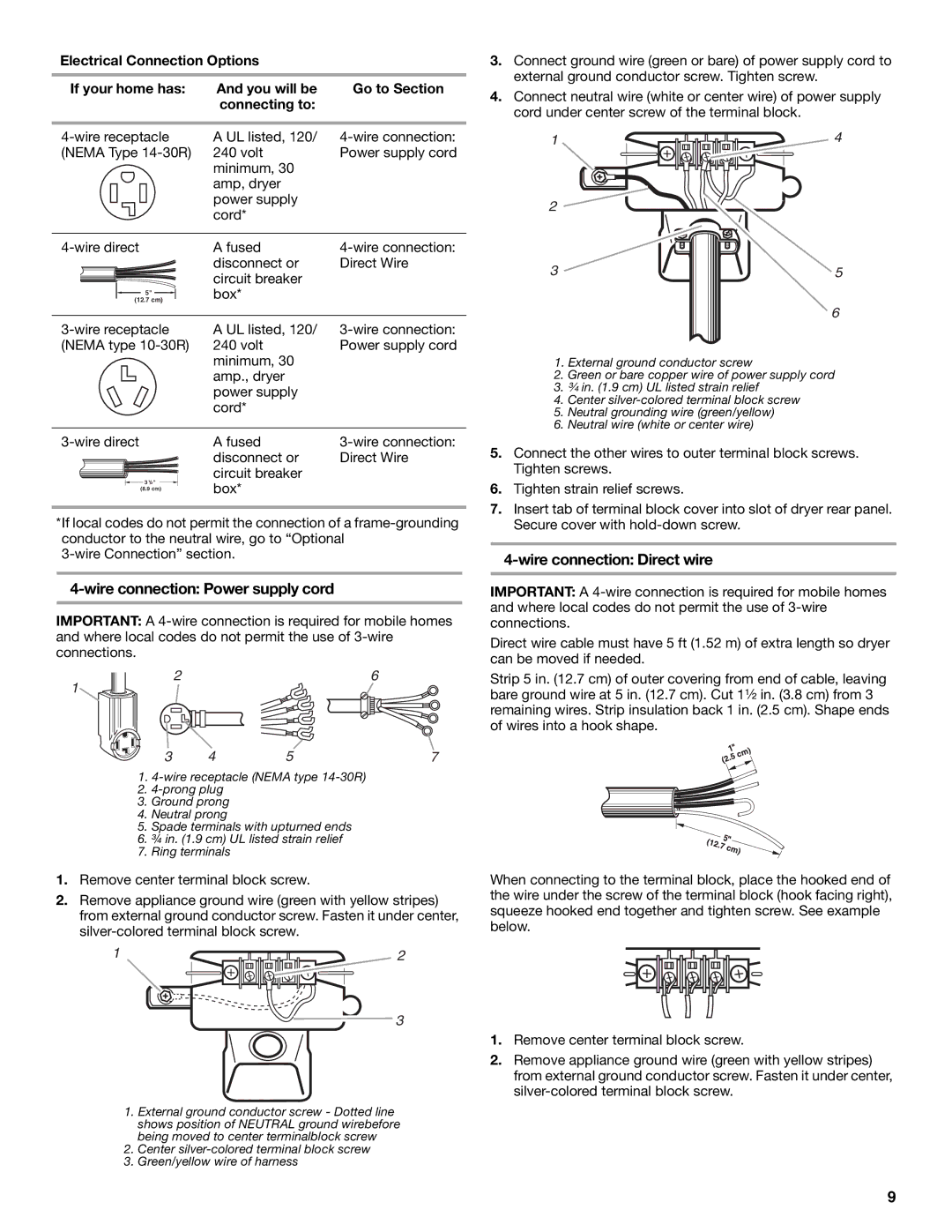 Whirlpool 8533582 manual Wire connection Power supply cord, Wire connection Direct wire 