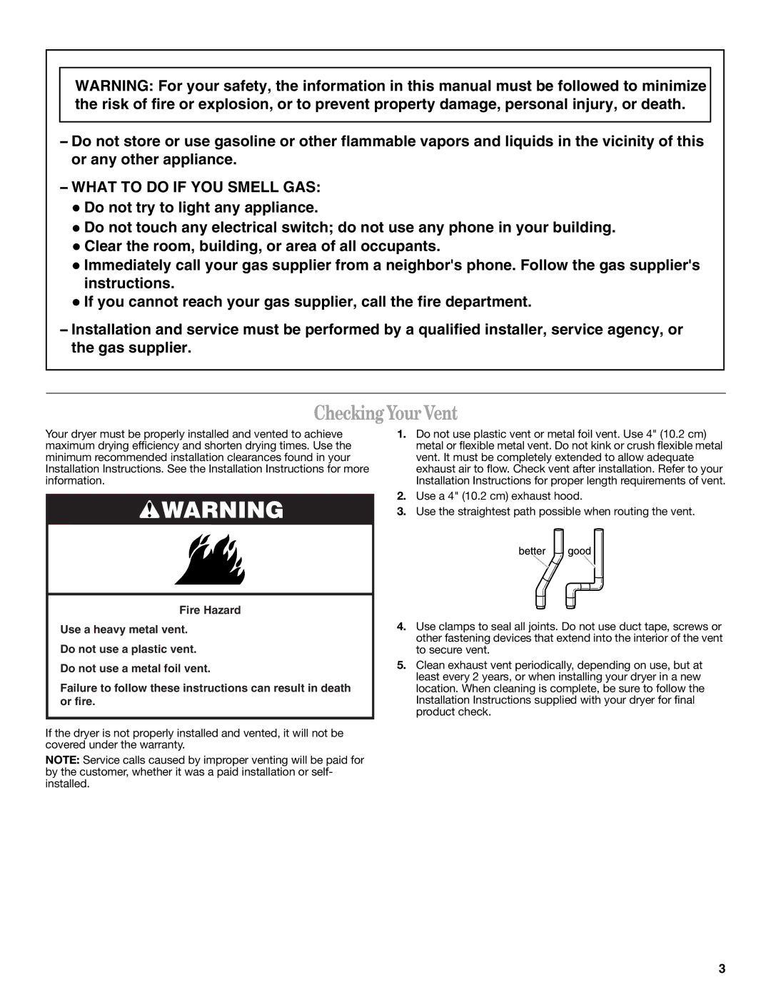 Whirlpool 8533772 warranty Checking YourVent, What to do if YOU Smell GAS 