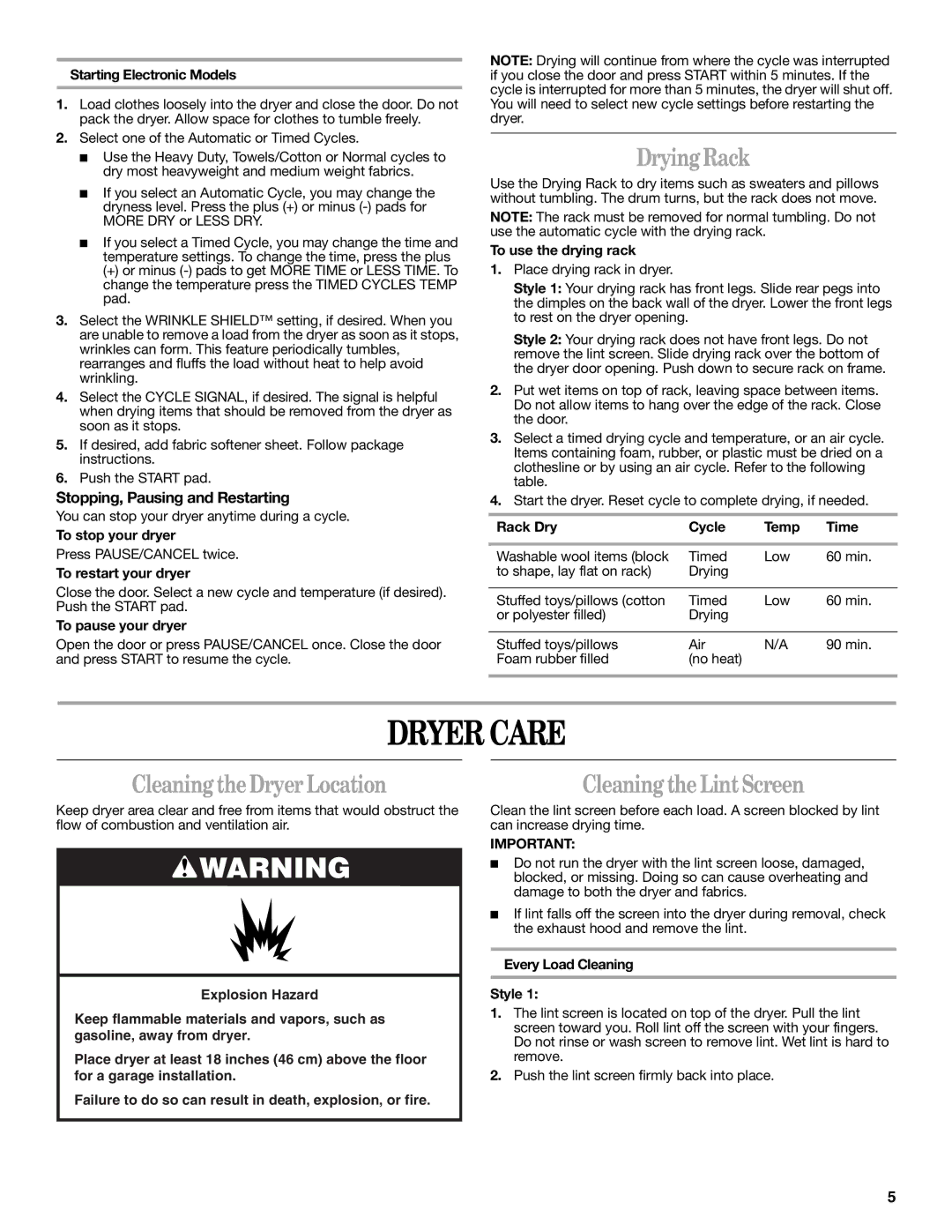 Whirlpool 8533772 warranty Dryer Care, Drying Rack, Cleaning the Dryer Location, Cleaning the LintScreen 