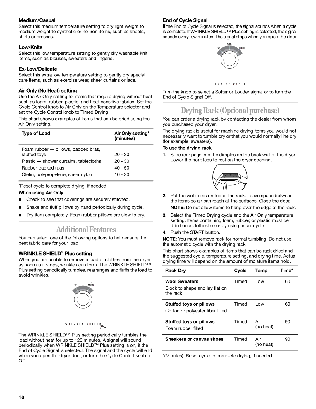 Whirlpool 8535839 manual Additional Features, Drying Rack Optional purchase 