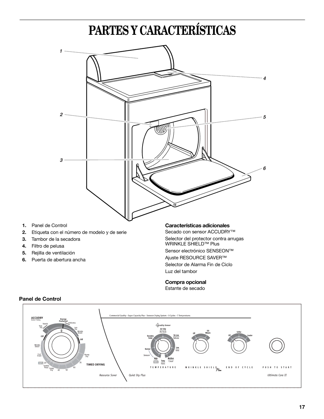 Whirlpool 8535839 manual Partes Y Características, Características adicionales, Compra opcional, Panel de Control 