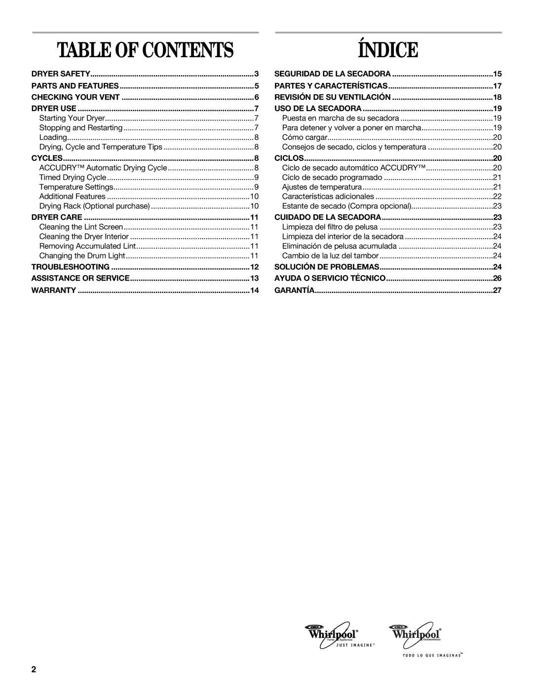 Whirlpool 8535839 manual Table of Contents 