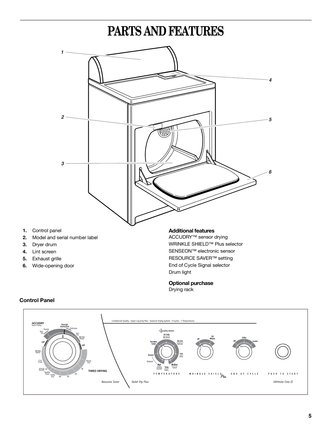 Whirlpool 8535839 manual Parts and Features, Optional purchase, Control Panel 