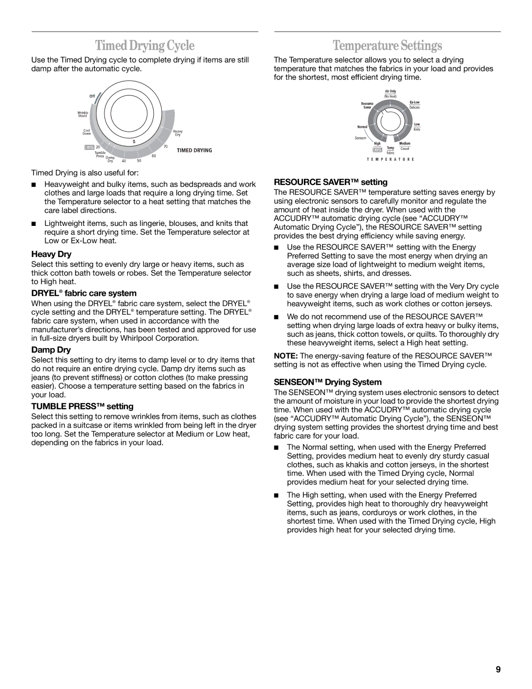 Whirlpool 8535839 manual Timed Drying Cycle, Temperature Settings 