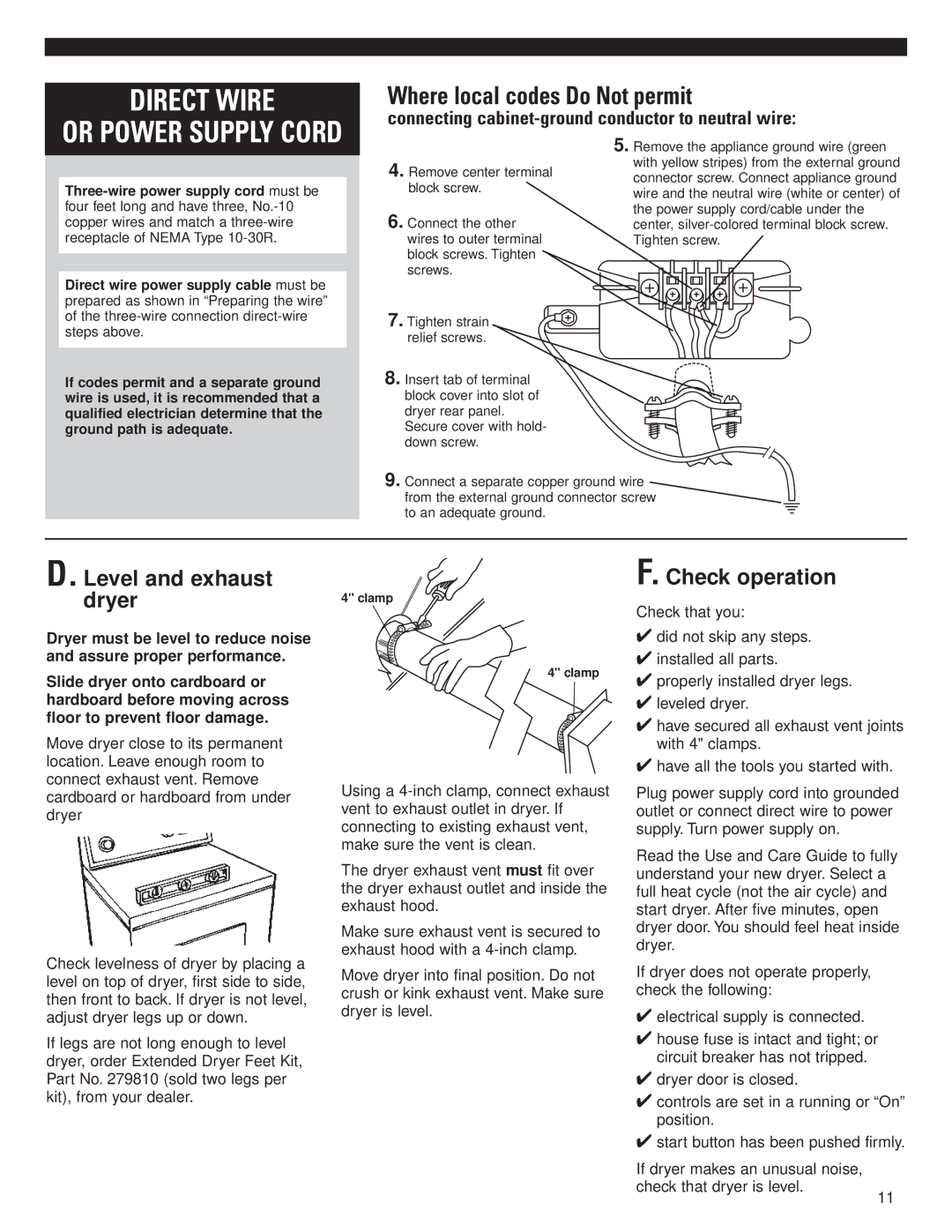 Whirlpool 8535840 Where local codes Do Not permit, Level and exhaust dryer, Check operation, Clamp 