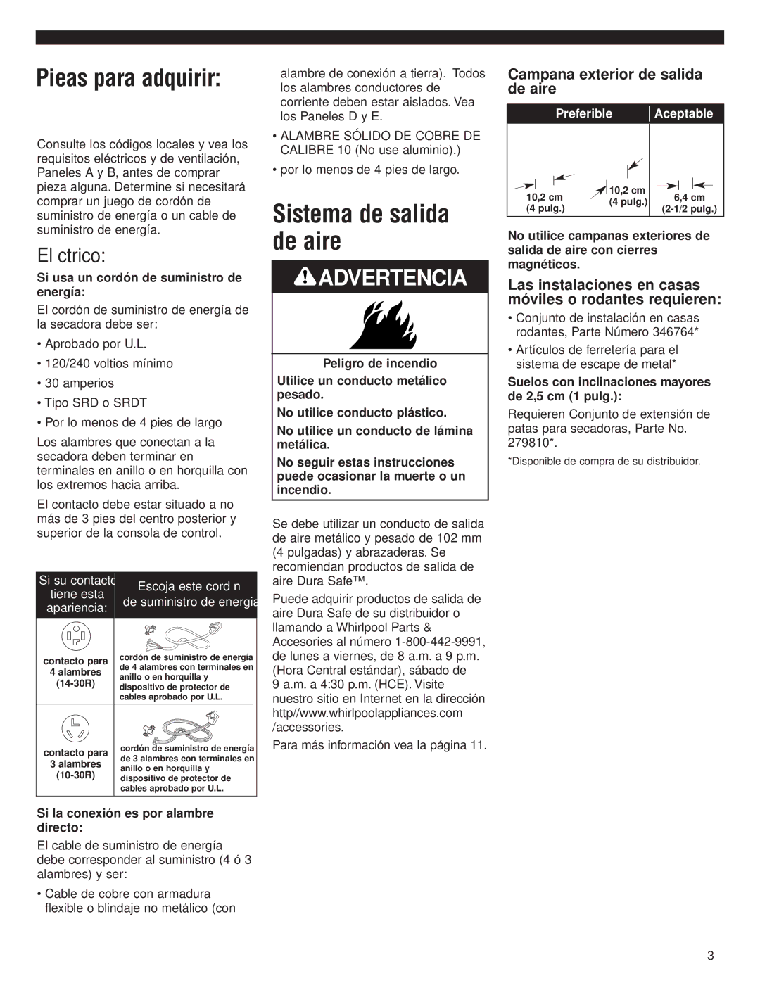 Whirlpool 8535840 Sistema de salida de aire, Piezas para adquirir, Eléctrico, Campana exterior de salida de aire 